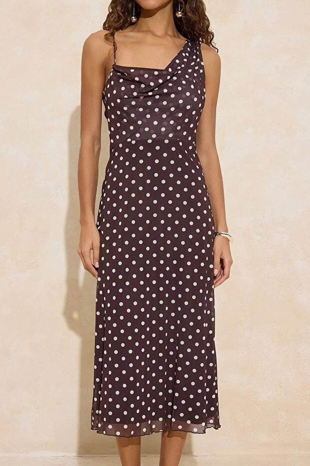 Polka Dot  Asymmetrical Neck Ruched Maxi Tulle Knit Dress