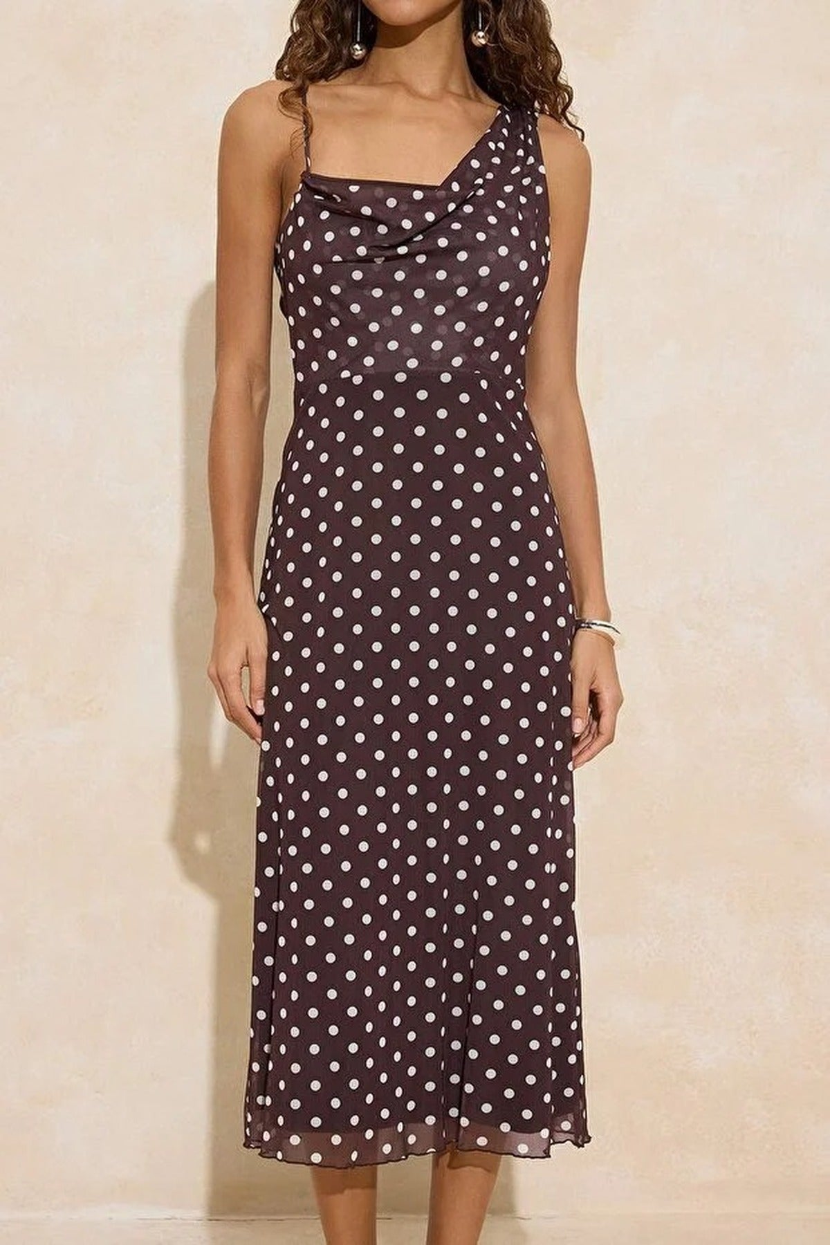 Polka Dot  Asymmetrical Neck Ruched Maxi Tulle Knit Dress