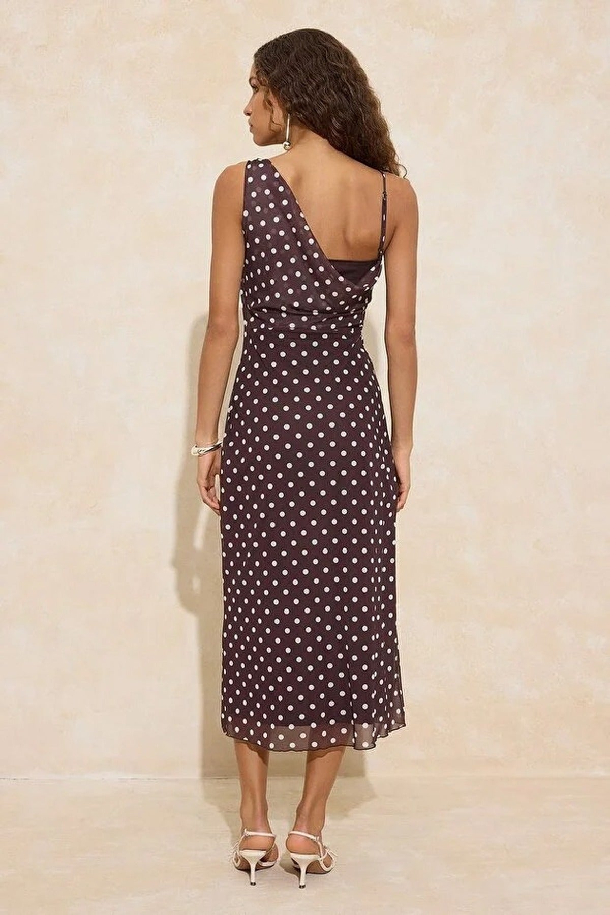 Polka Dot  Asymmetrical Neck Ruched Maxi Tulle Knit Dress
