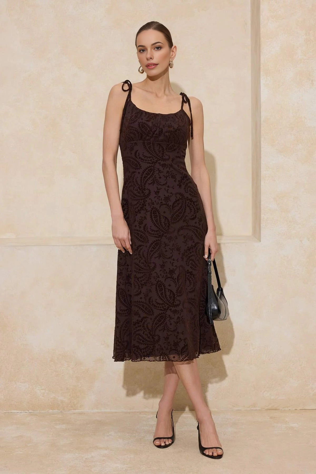 Floral A-Line Thin Strap Ruched Midi Tulle Knit Dress