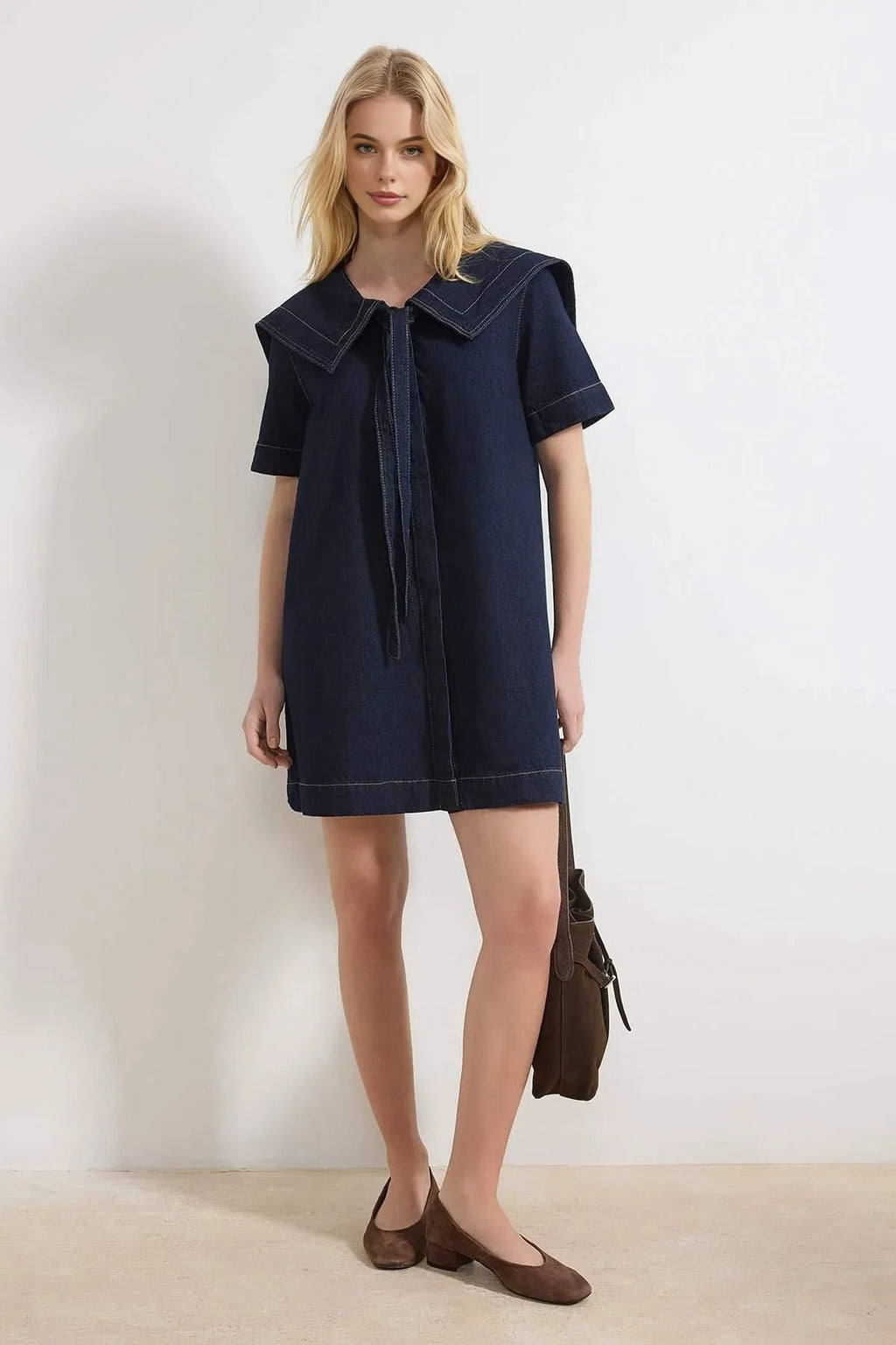 100% Cotton Mini Denim Dress with Collar Detail