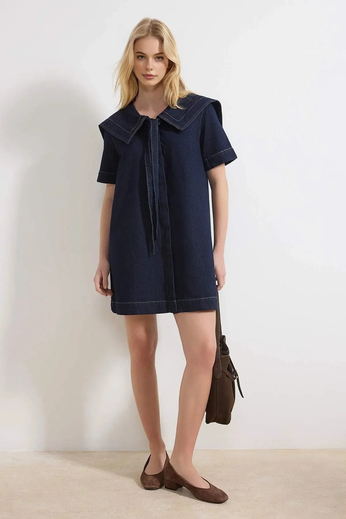 100% Cotton Mini Denim Dress with Collar Detail