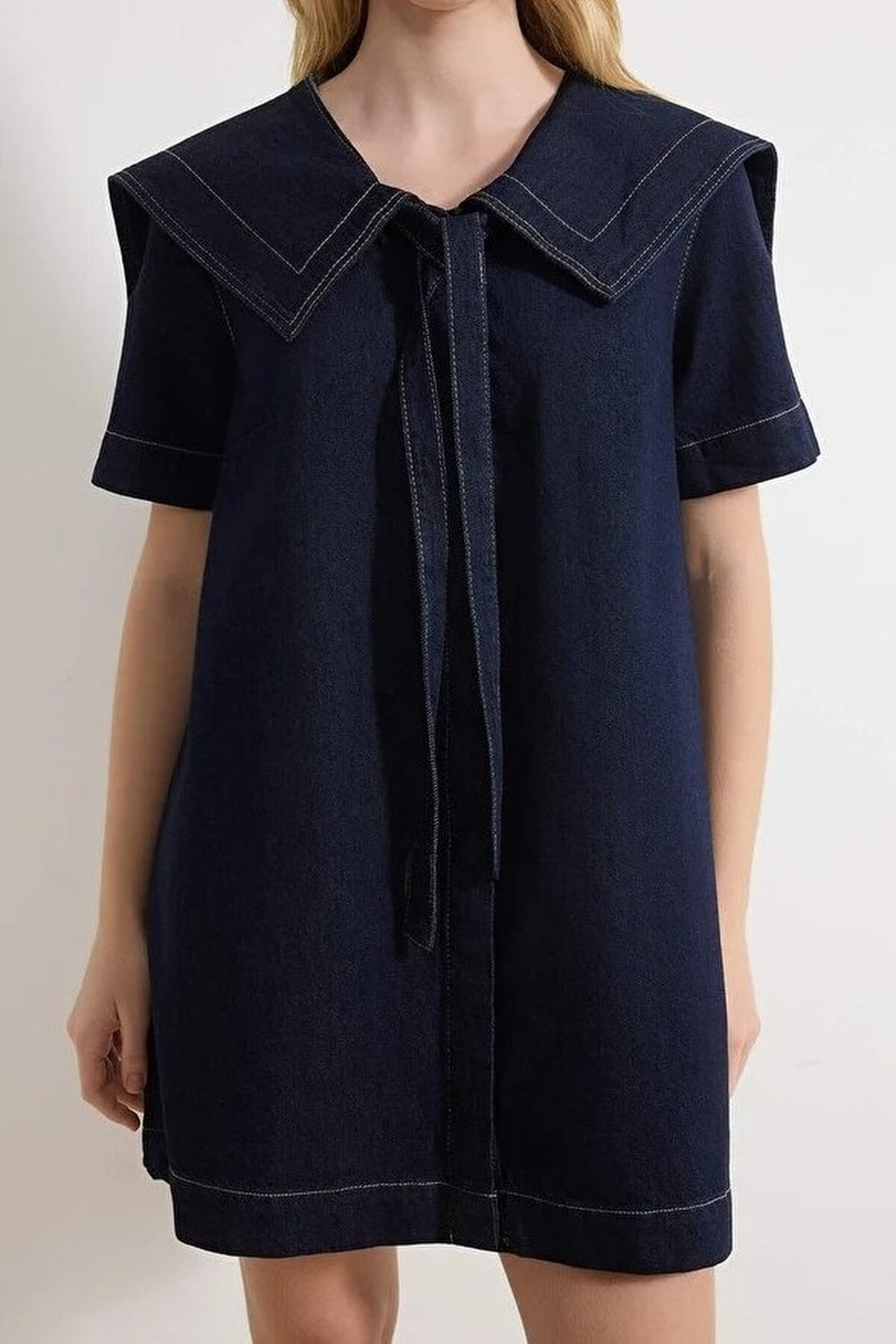 100% Cotton Mini Denim Dress with Collar Detail