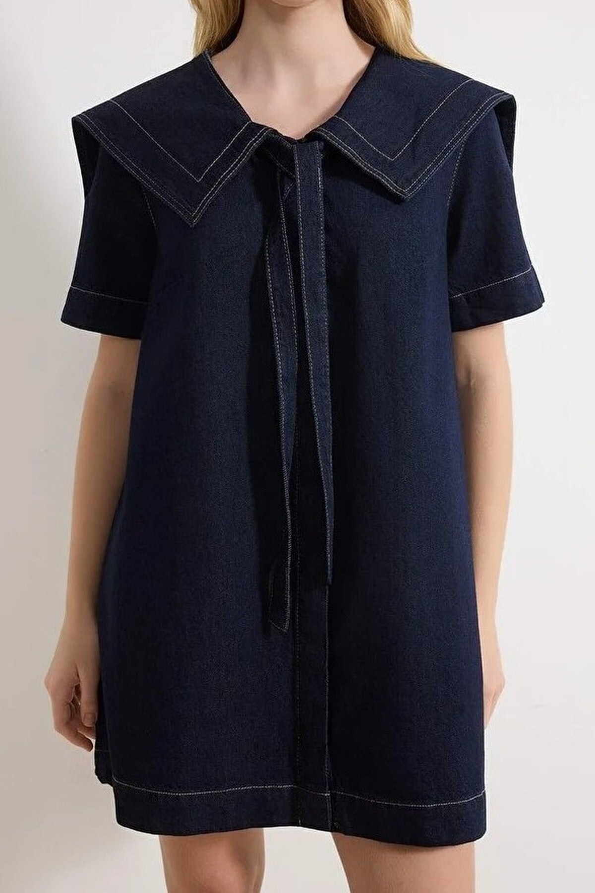100% Cotton Mini Denim Dress with Collar Detail