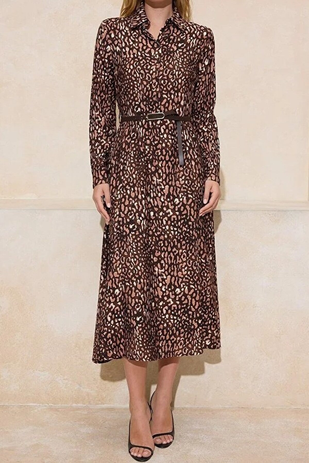 Animal Print Belted Midi Woven Shirt Dress
