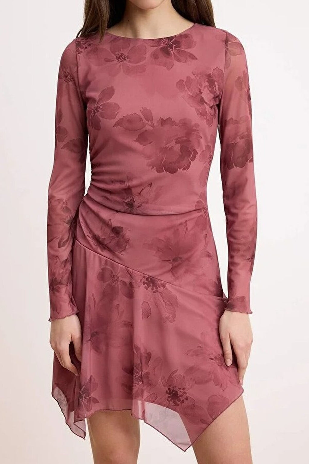 Abstract Floral Pattern A-Line Asymmetrical Mini Tulle Knit Dress