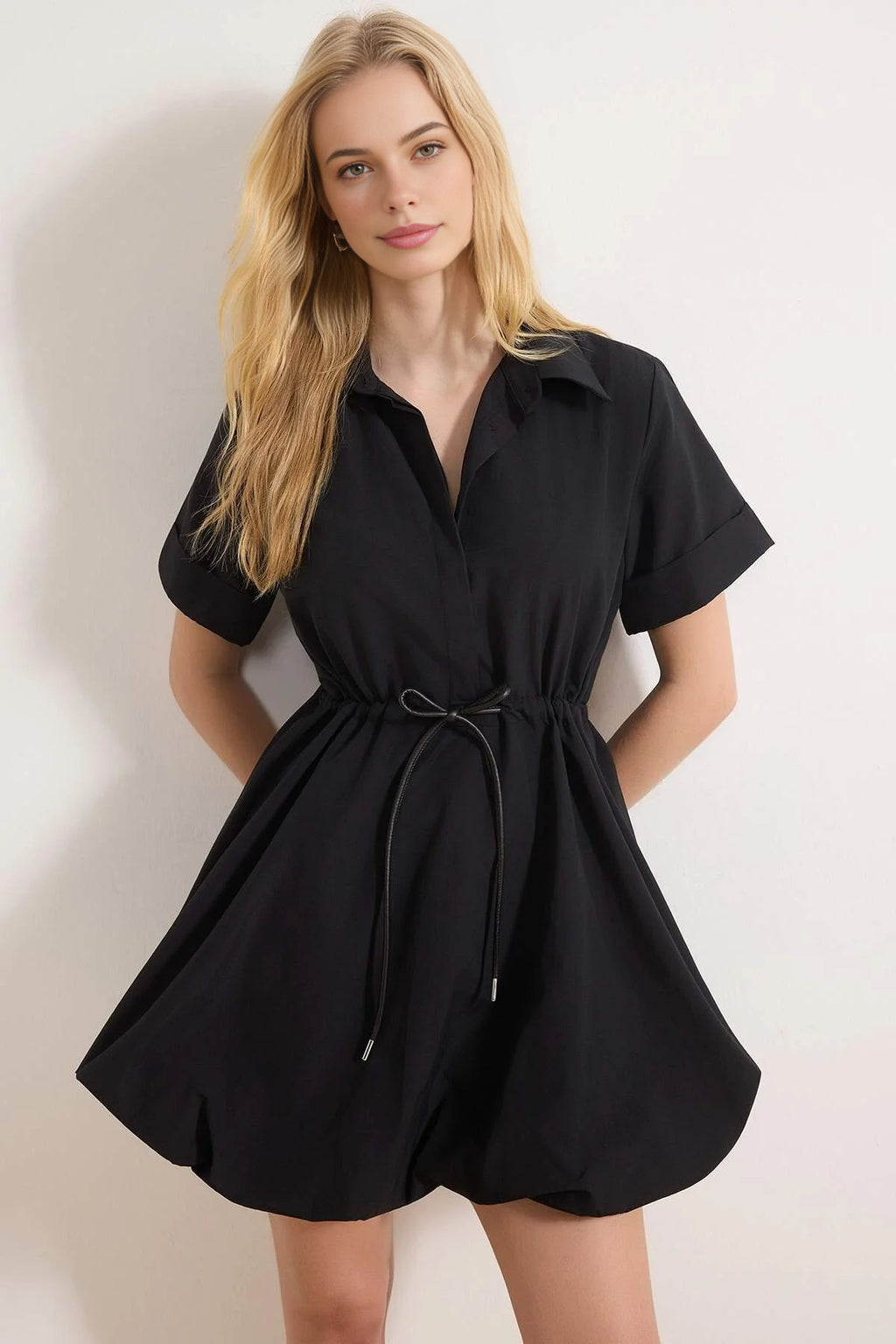 Lace-Up Mini Balloon Skirt Detail Woven Dress