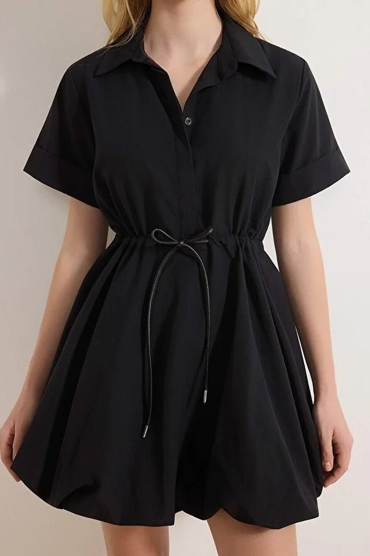 Lace-Up Mini Balloon Skirt Detail Woven Dress