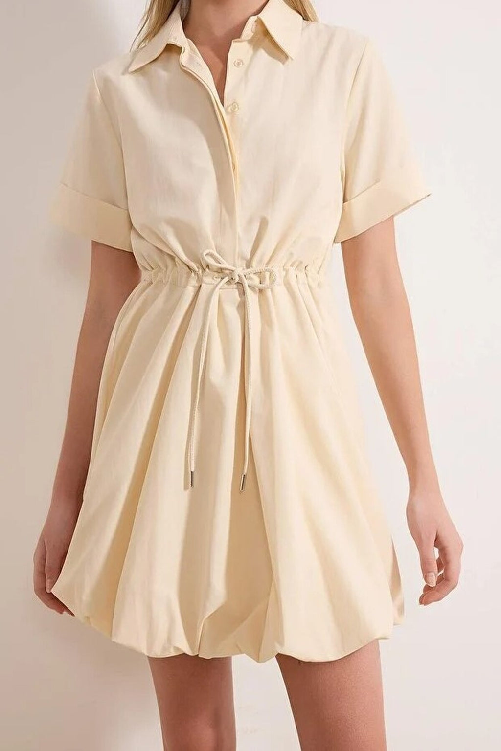 Lace-Up Mini Balloon Skirt Detail Woven Dress