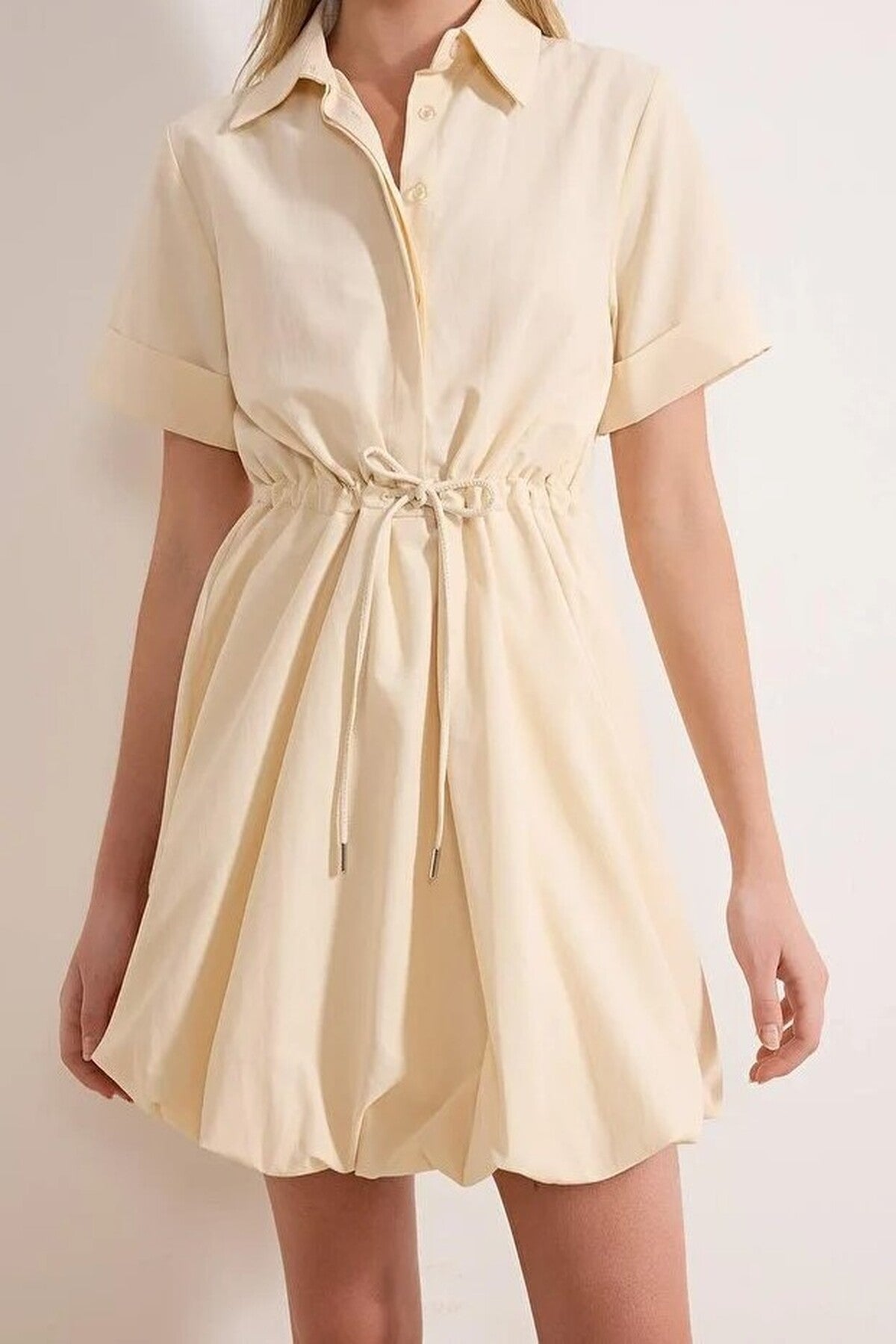 Lace-Up Mini Balloon Skirt Detail Woven Dress