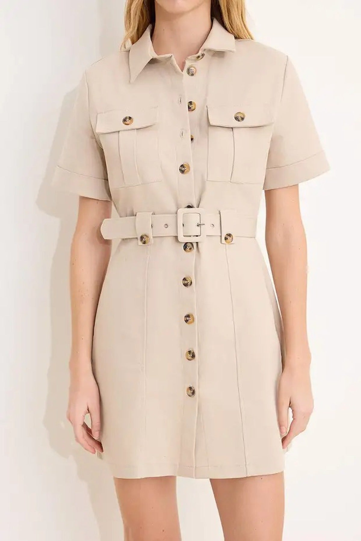 Belted Mini Gabardine Woven Shirt Dress