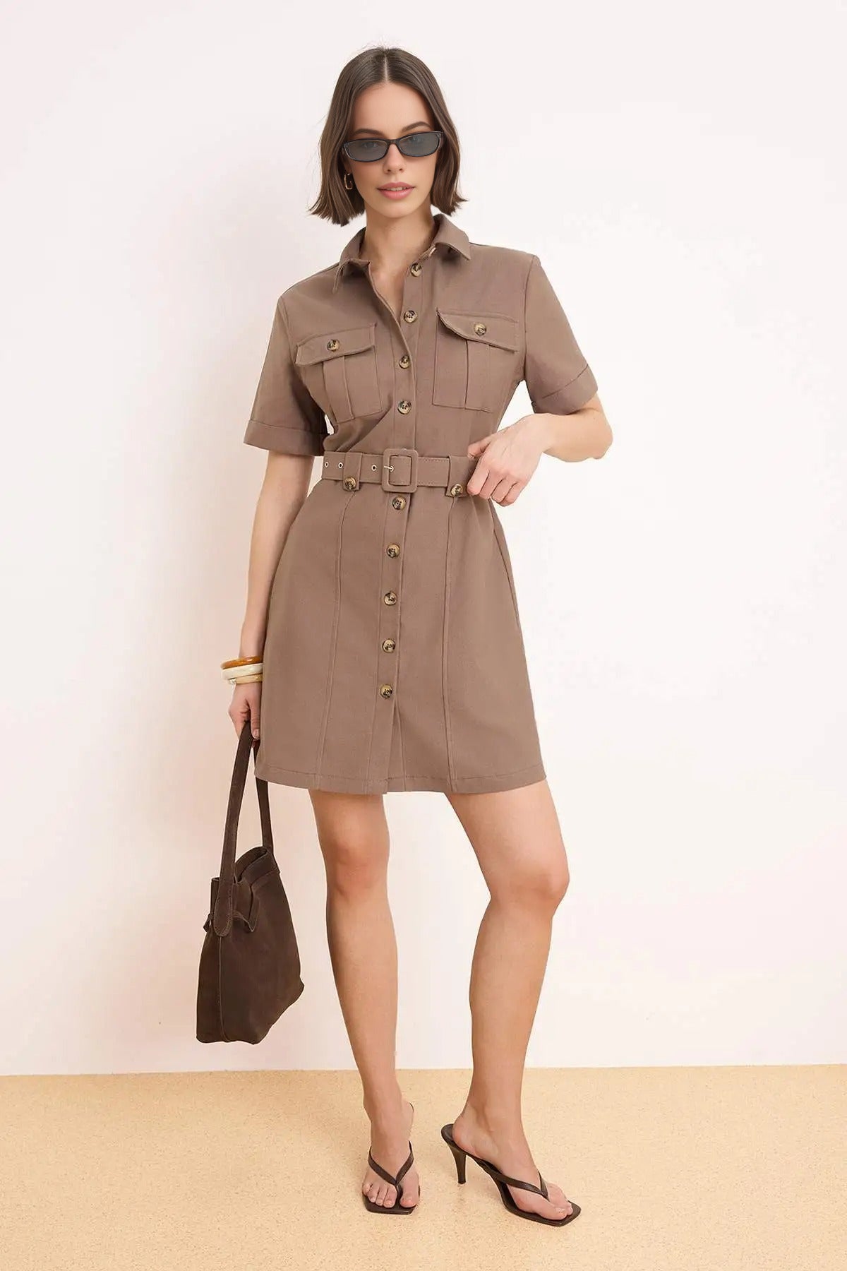 Belted Mini Gabardine Woven Shirt Dress