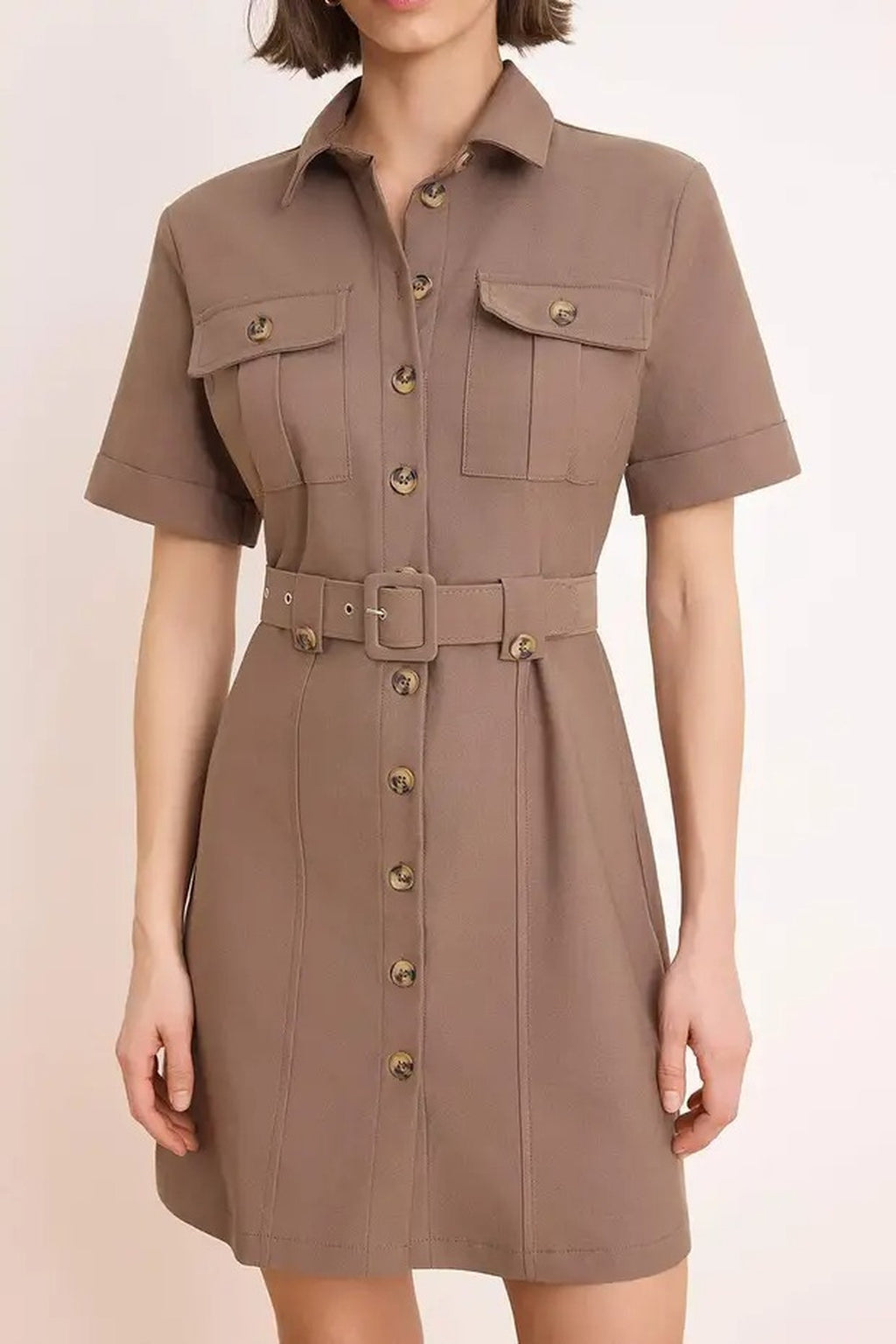 Belted Mini Gabardine Woven Shirt Dress