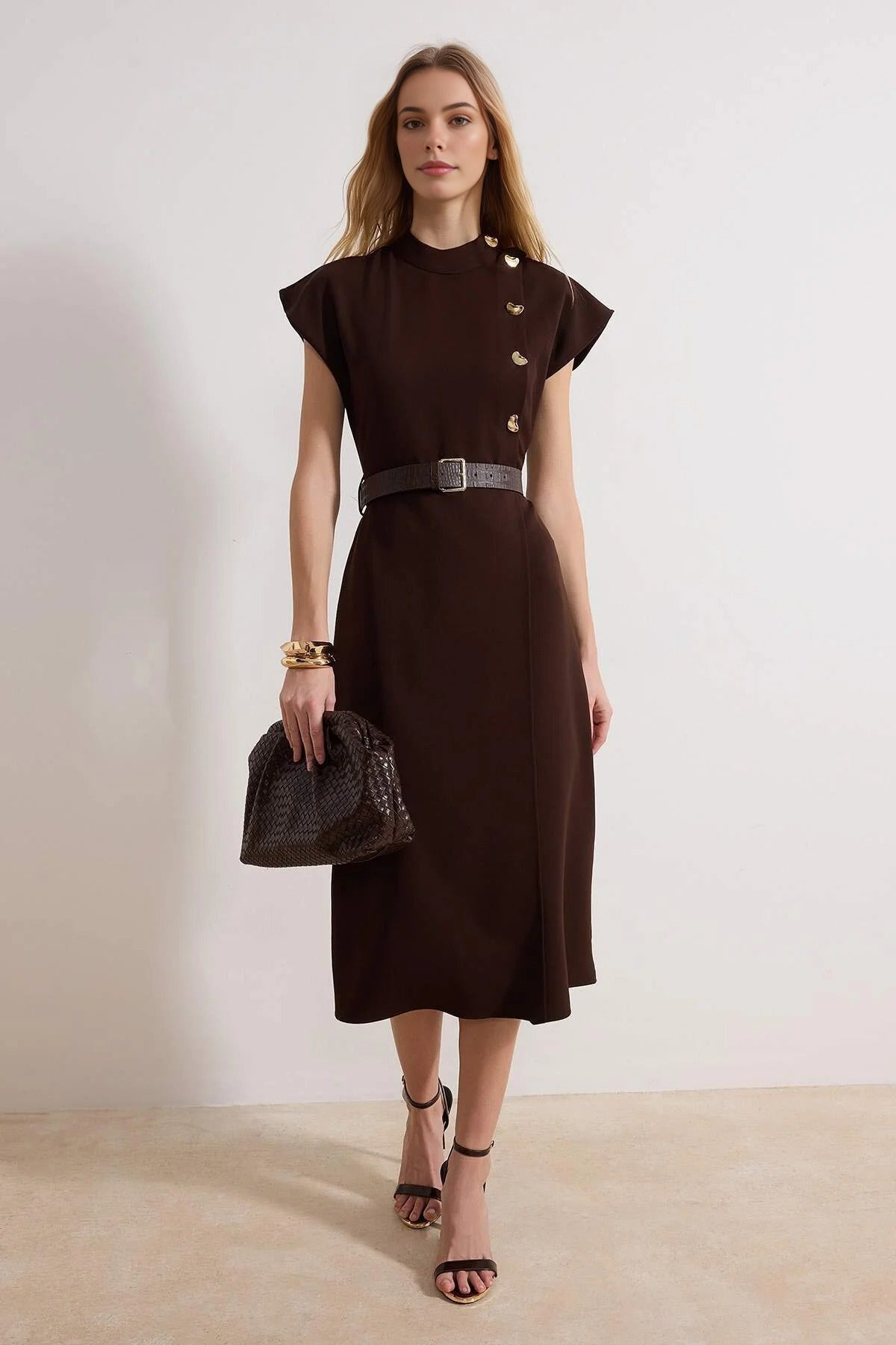 Belted Plain Midi Woven Dress