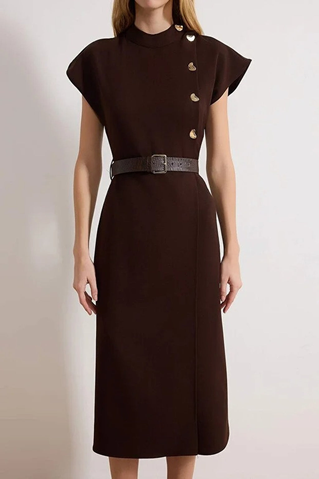 Belted Plain Midi Woven Dress