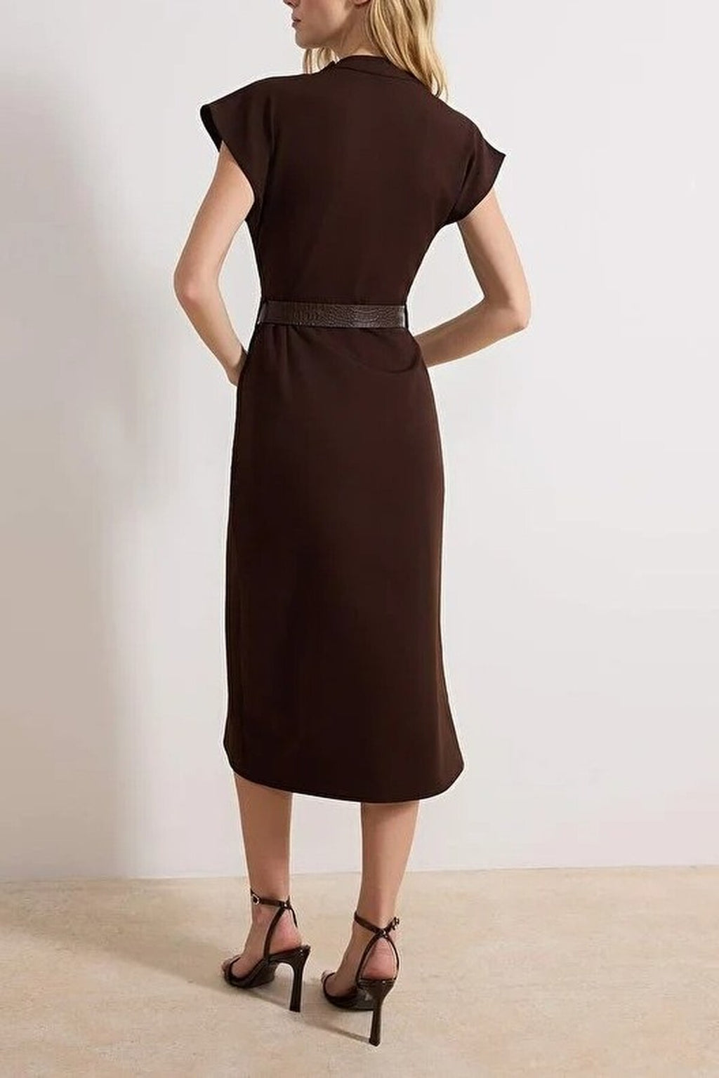 Belted Plain Midi Woven Dress