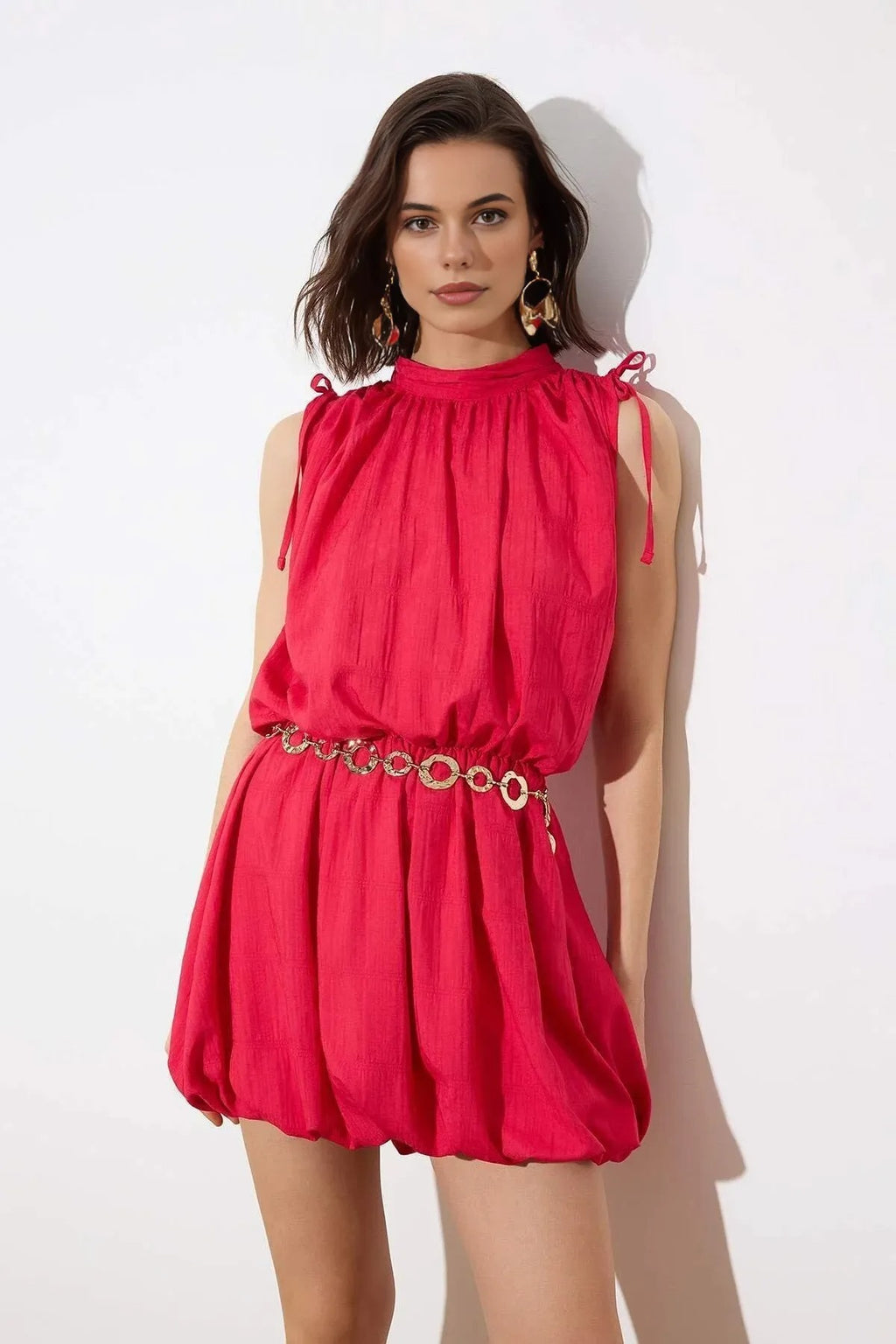 Mini Woven Dress with Balloon Skirt Detail