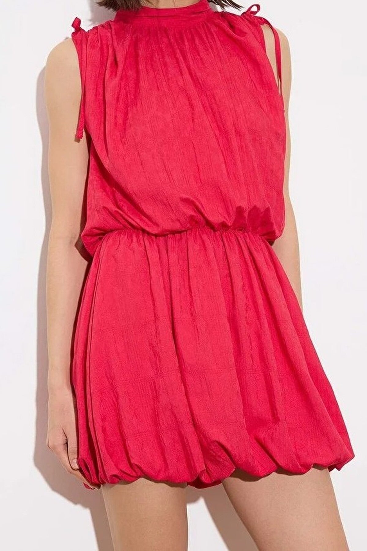 Mini Woven Dress with Balloon Skirt Detail