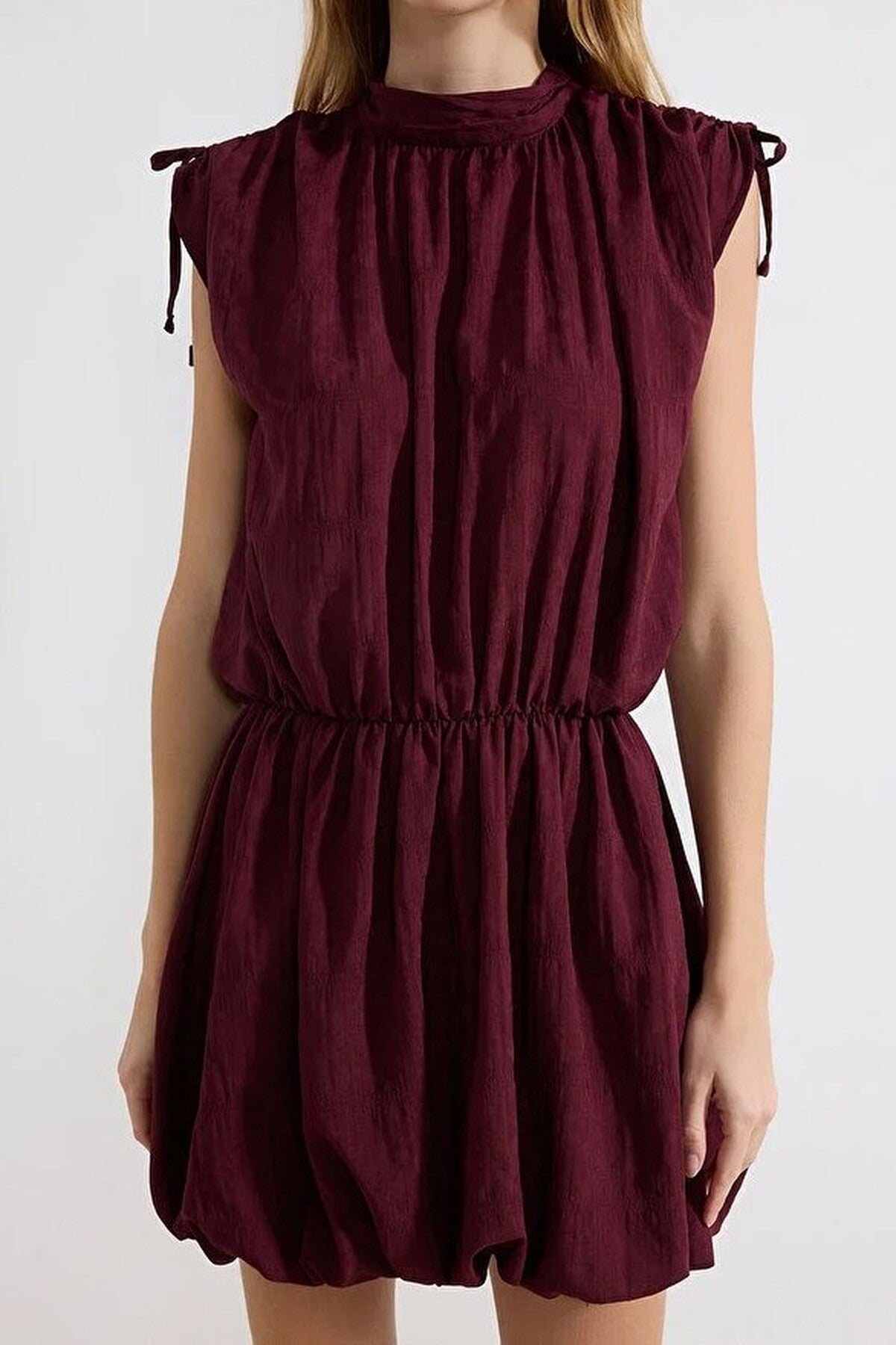 Mini Woven Dress with Balloon Skirt Detail