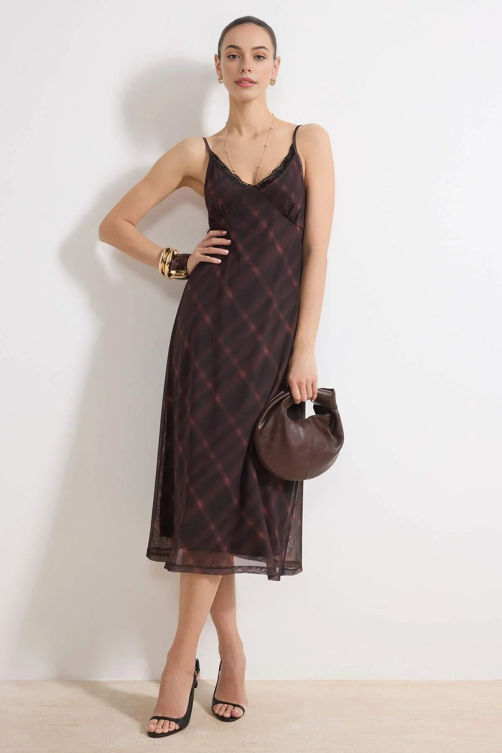 Plaid Bodycon V-Neck Thin Strap Sleeveless Ruched Maxi Tulle Knit Dress