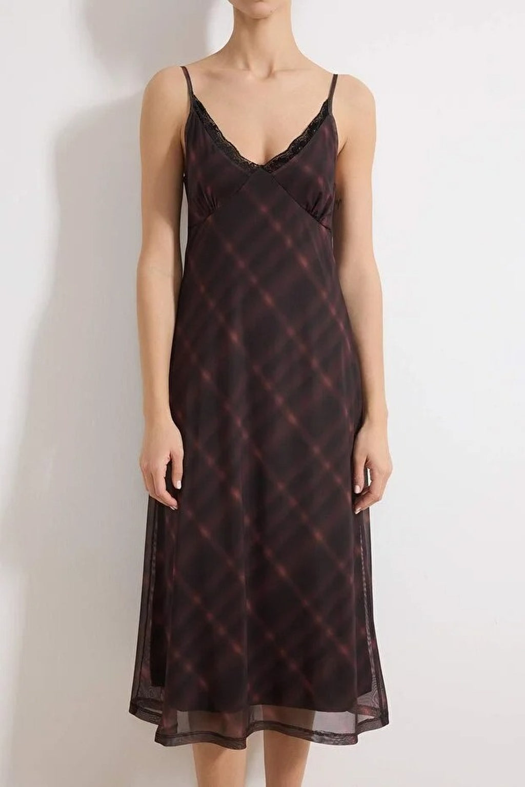 Plaid Bodycon V-Neck Thin Strap Sleeveless Ruched Maxi Tulle Knit Dress