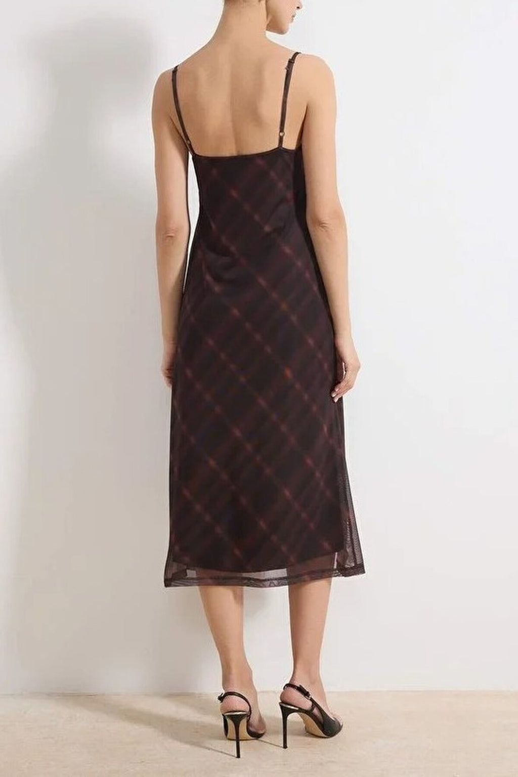 Plaid Bodycon V-Neck Thin Strap Sleeveless Ruched Maxi Tulle Knit Dress