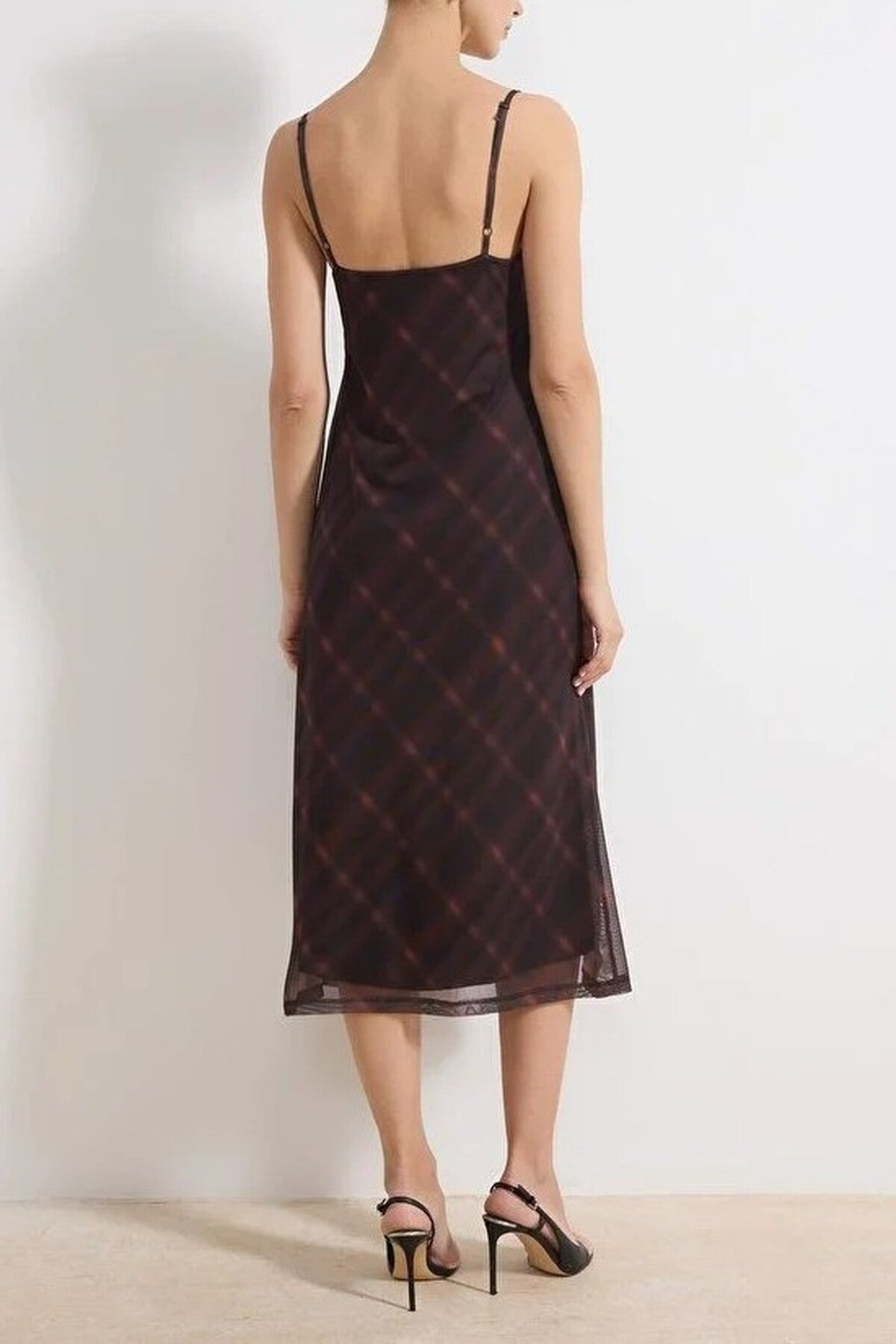 Plaid Bodycon V-Neck Thin Strap Sleeveless Ruched Maxi Tulle Knit Dress