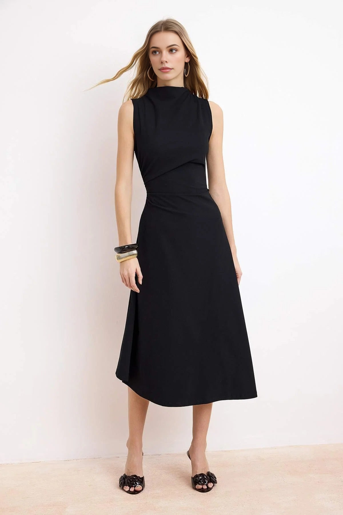 A-Line Asymmetrical Sleeveless Ruched Midi Dress