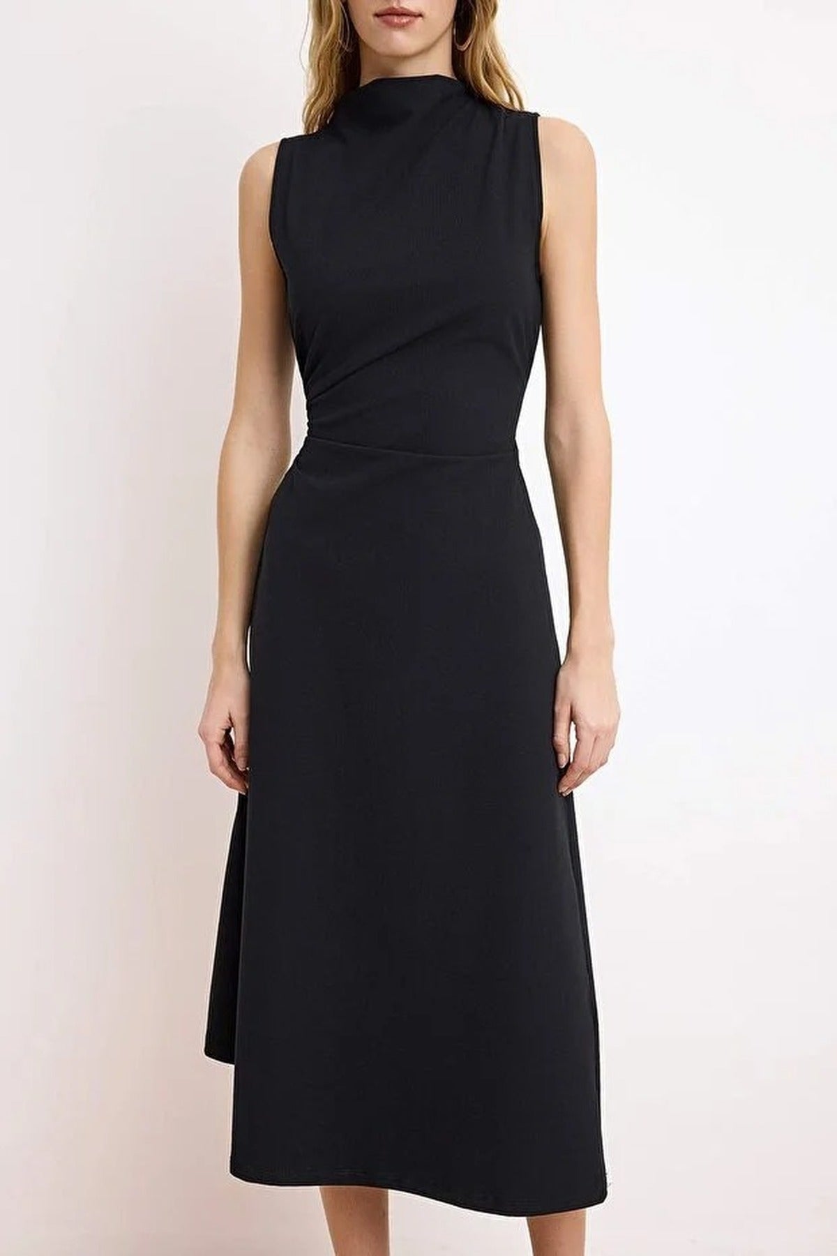 A-Line Asymmetrical Sleeveless Ruched Midi Dress