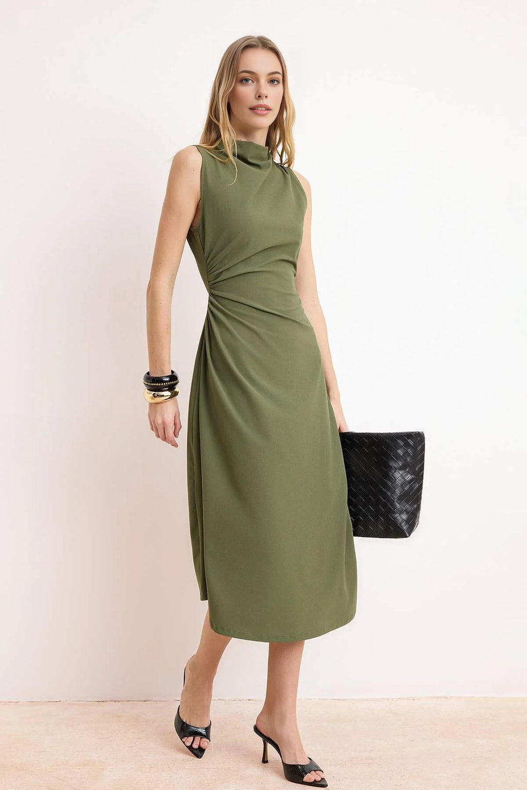 A-Line Asymmetrical Sleeveless Ruched Midi Dress