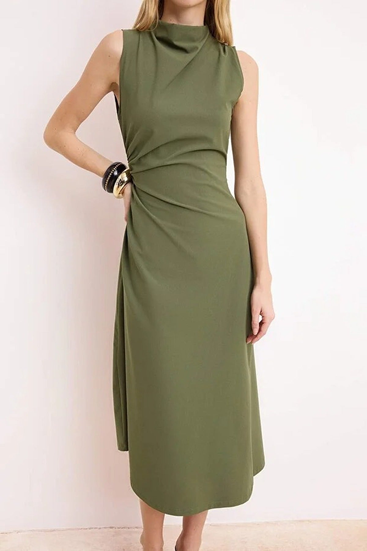 A-Line Asymmetrical Sleeveless Ruched Midi Dress
