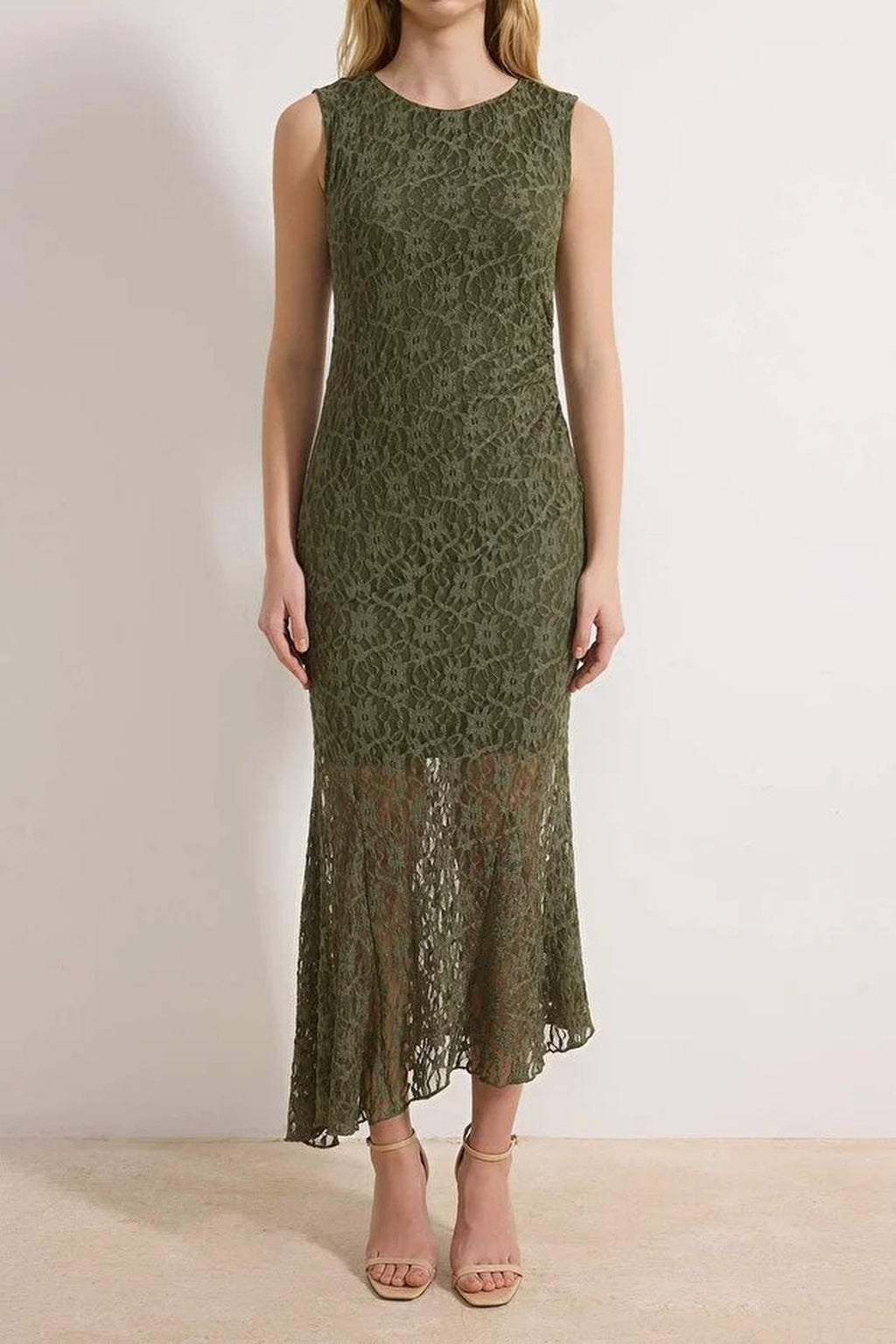 Plain A-line Crew Neck Sleeveless Maxi Dress with Lace Lining