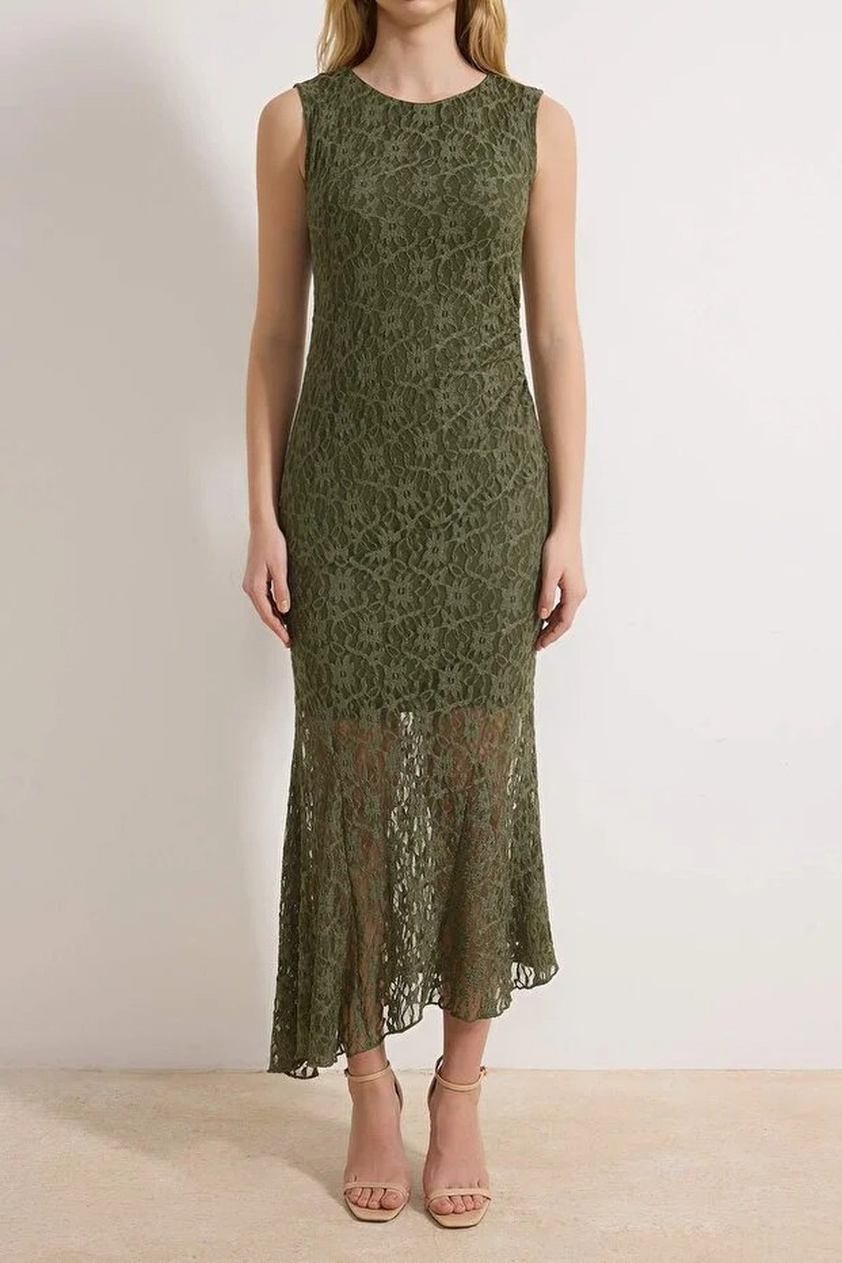 Plain A-line Crew Neck Sleeveless Maxi Dress with Lace Lining