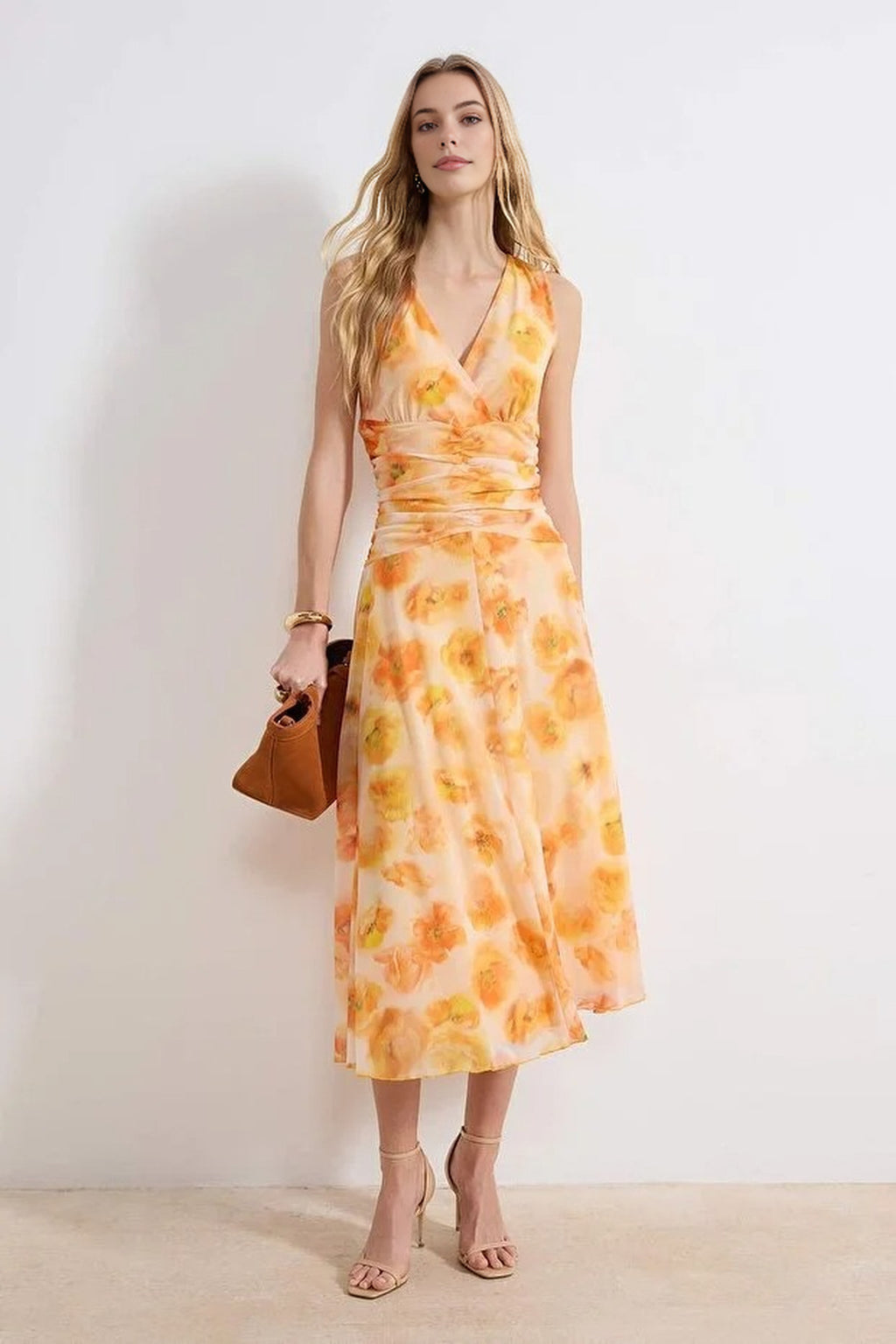 Floral Bodycon V-Neck Thick Strap Sleeveless Ruched Maxi Tulle Knit Dress