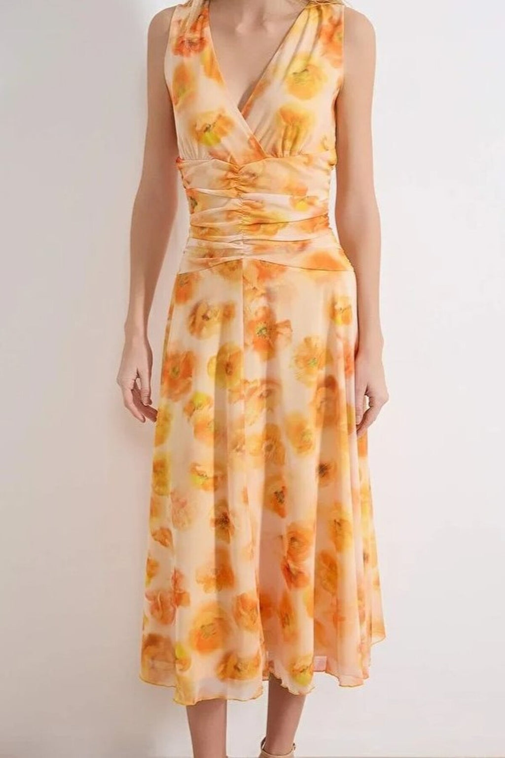 Floral Bodycon V-Neck Thick Strap Sleeveless Ruched Maxi Tulle Knit Dress