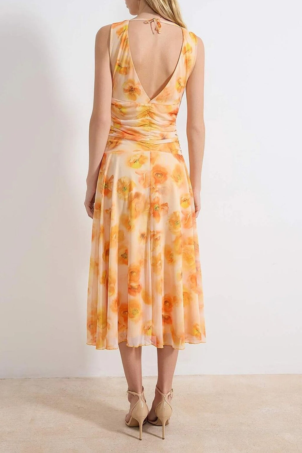 Floral Bodycon V-Neck Thick Strap Sleeveless Ruched Maxi Tulle Knit Dress