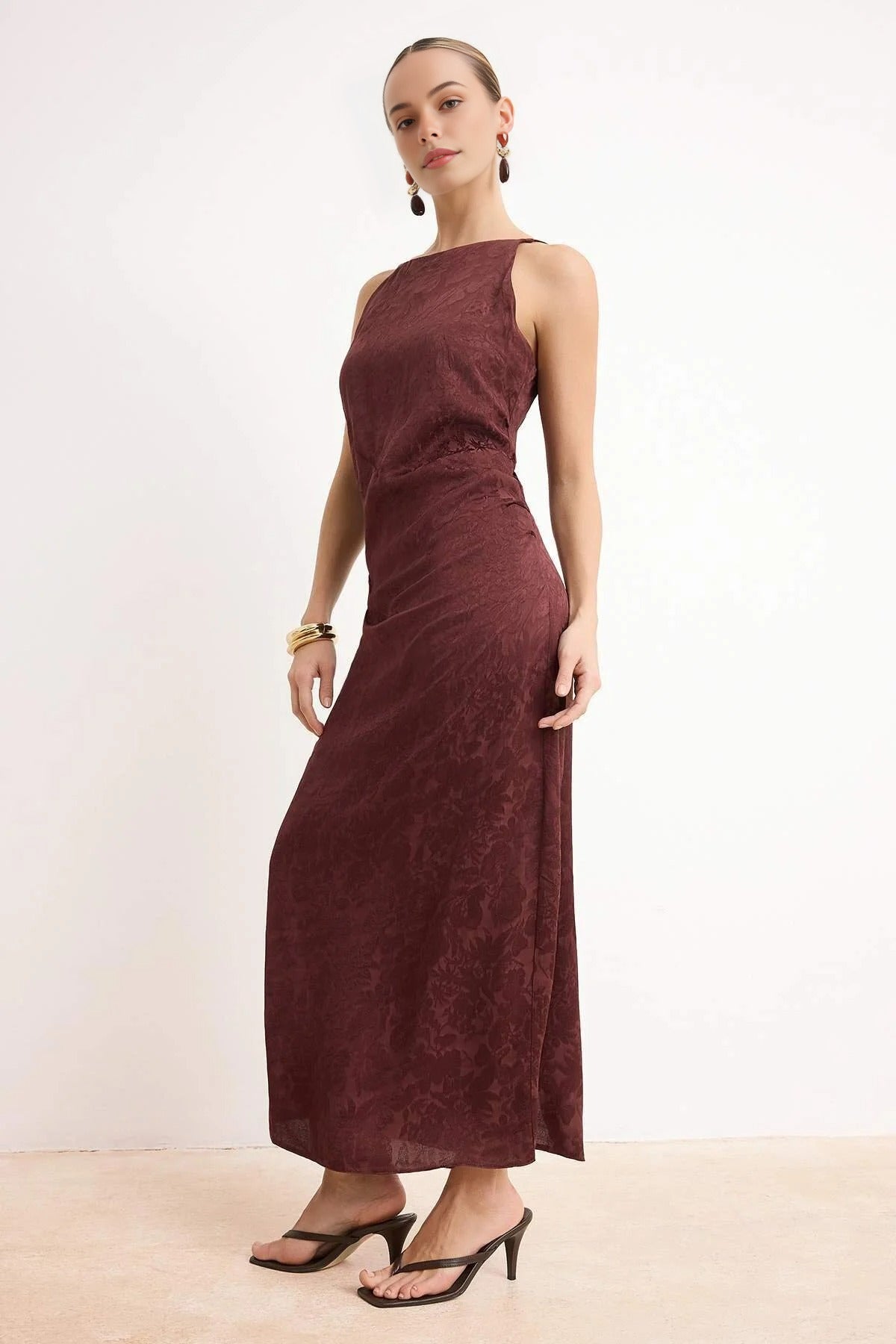 Midi Woven Dress with Gathering and Drape Details