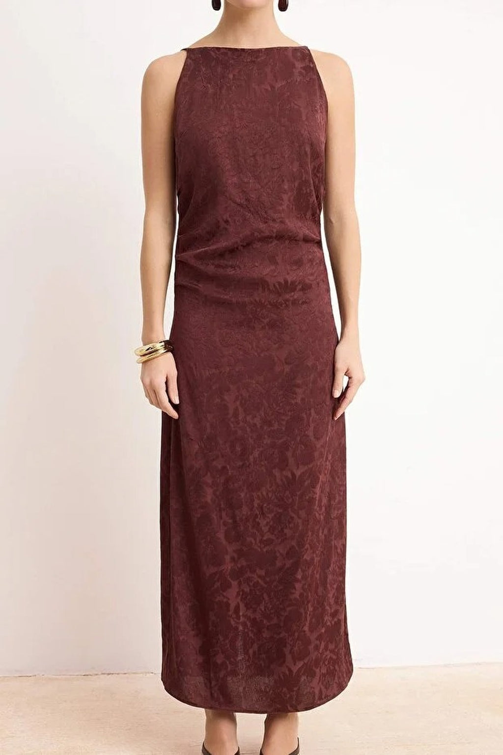Midi Woven Dress with Gathering and Drape Details