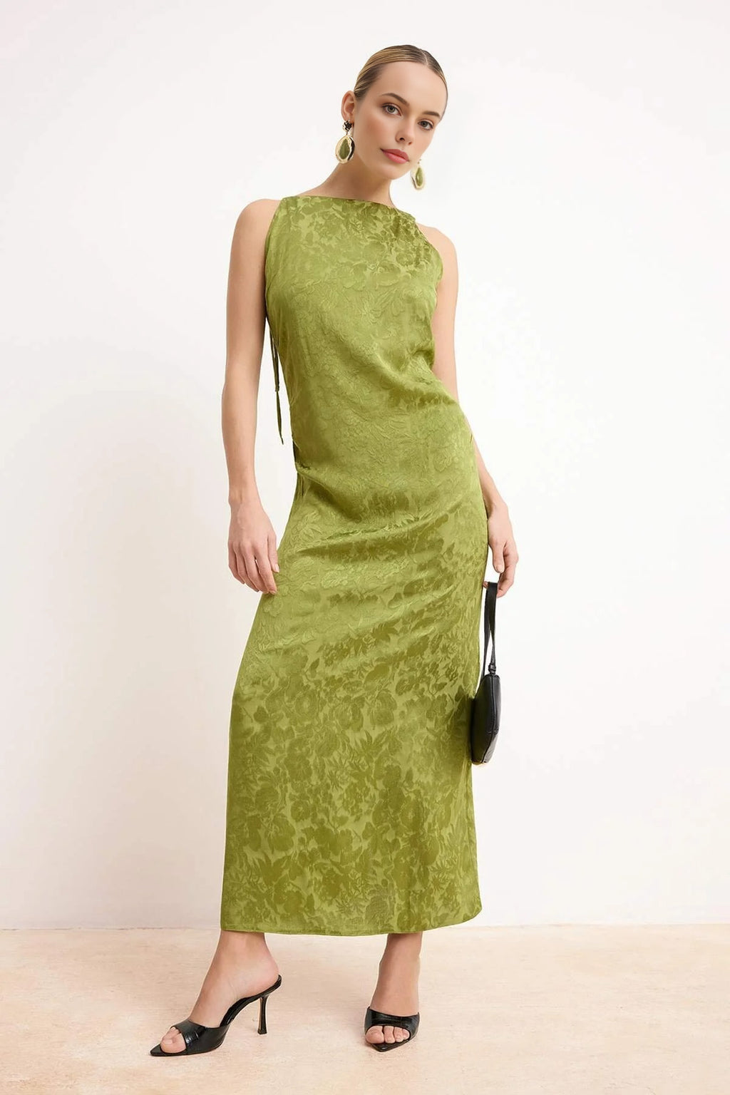 Midi Woven Dress with Gathering and Drape Details