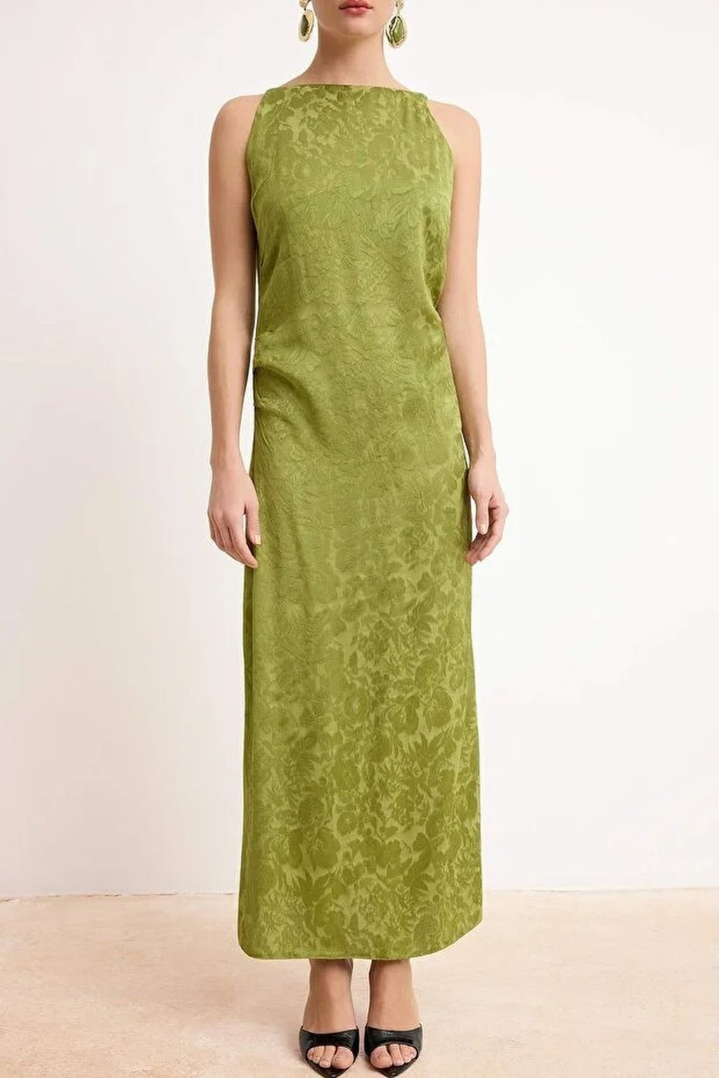 Midi Woven Dress with Gathering and Drape Details