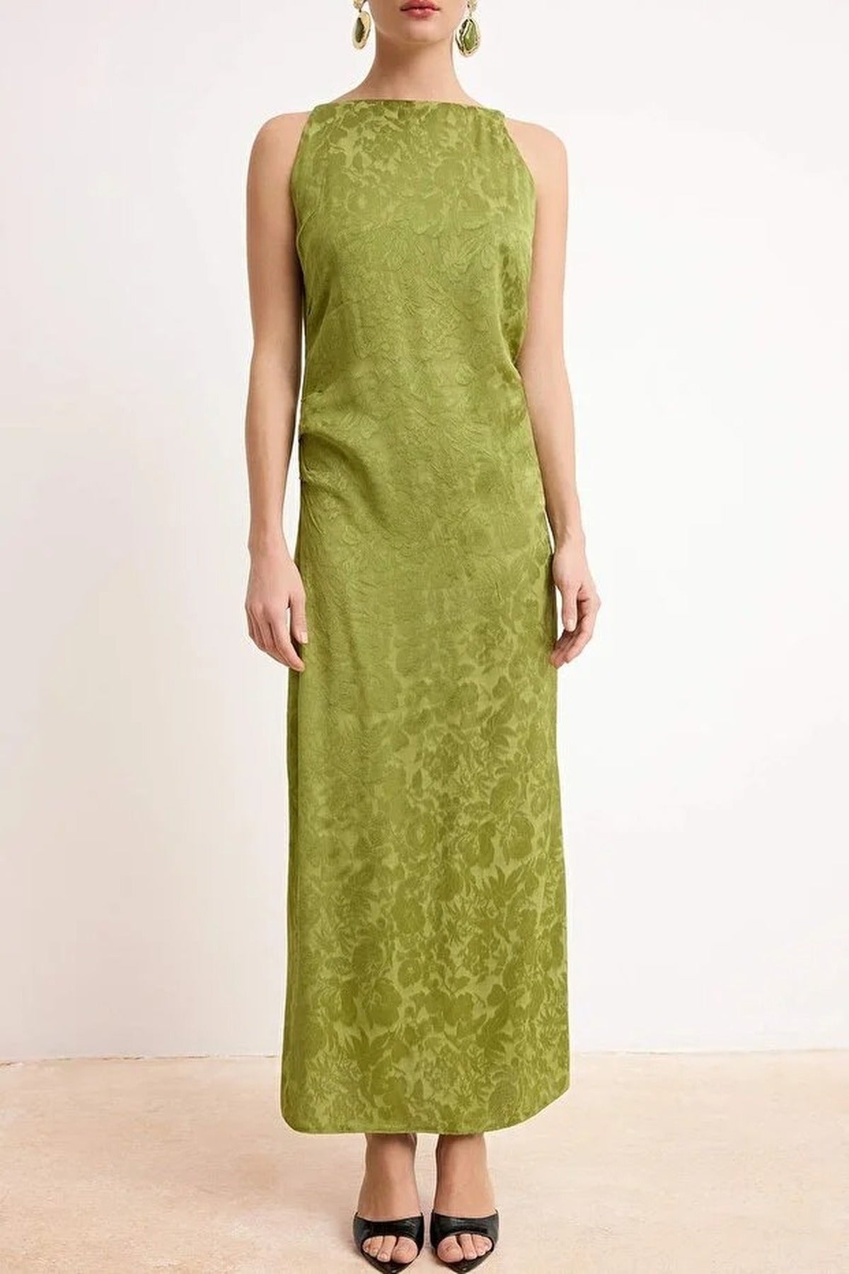 Midi Woven Dress with Gathering and Drape Details