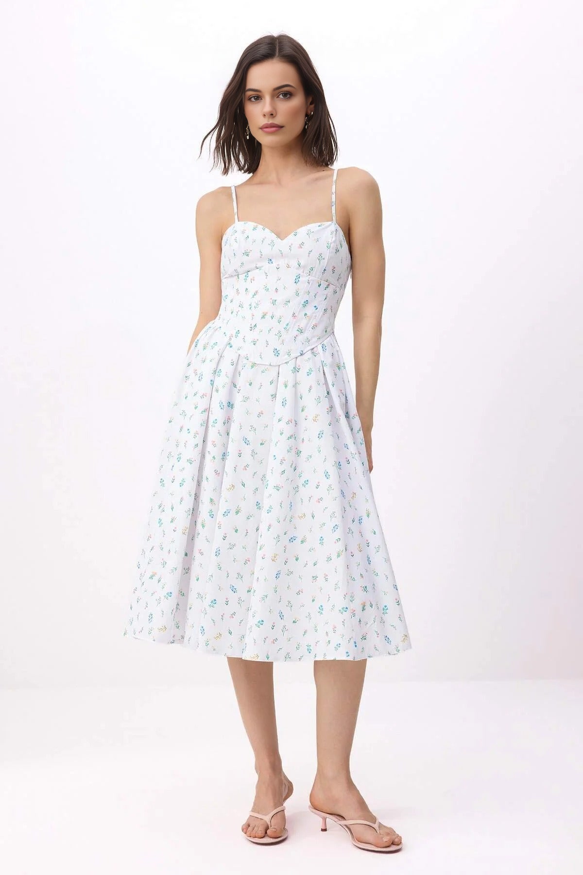 Floral Print Sweetheart Neckline Midi Corset Detail Dress