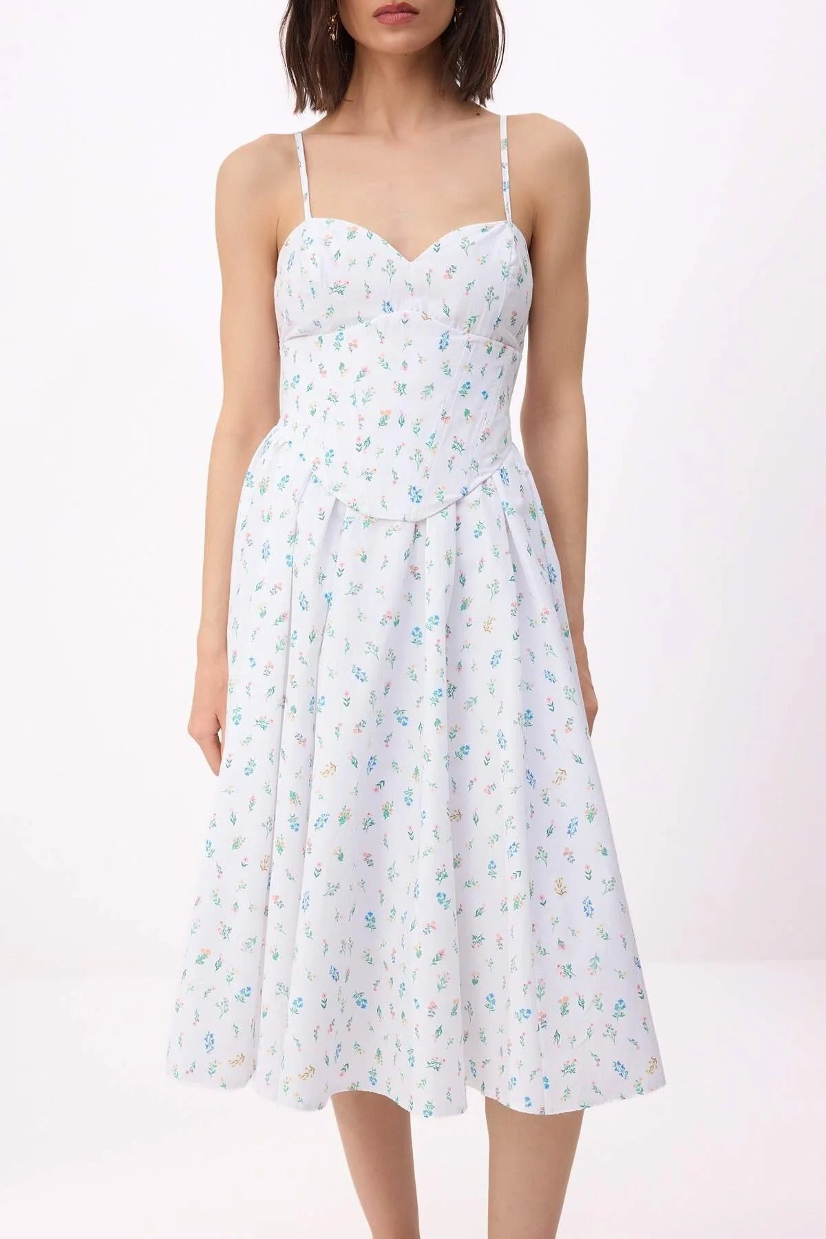 Floral Print Sweetheart Neckline Midi Corset Detail Dress