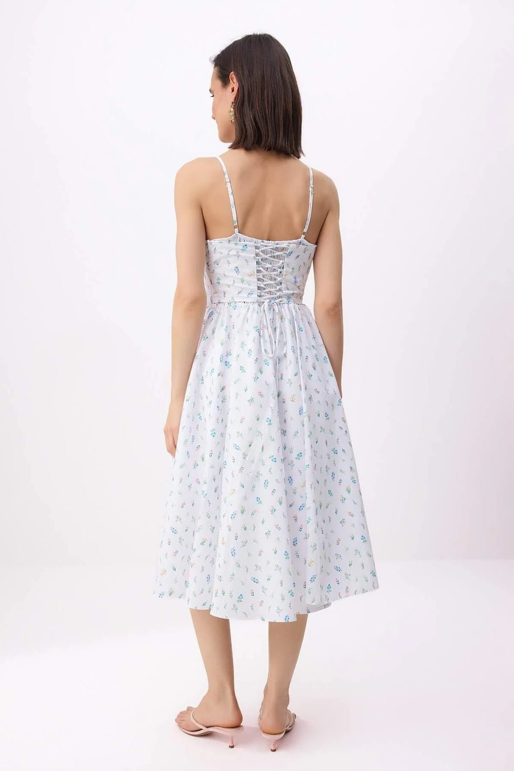 Floral Print Sweetheart Neckline Midi Corset Detail Dress