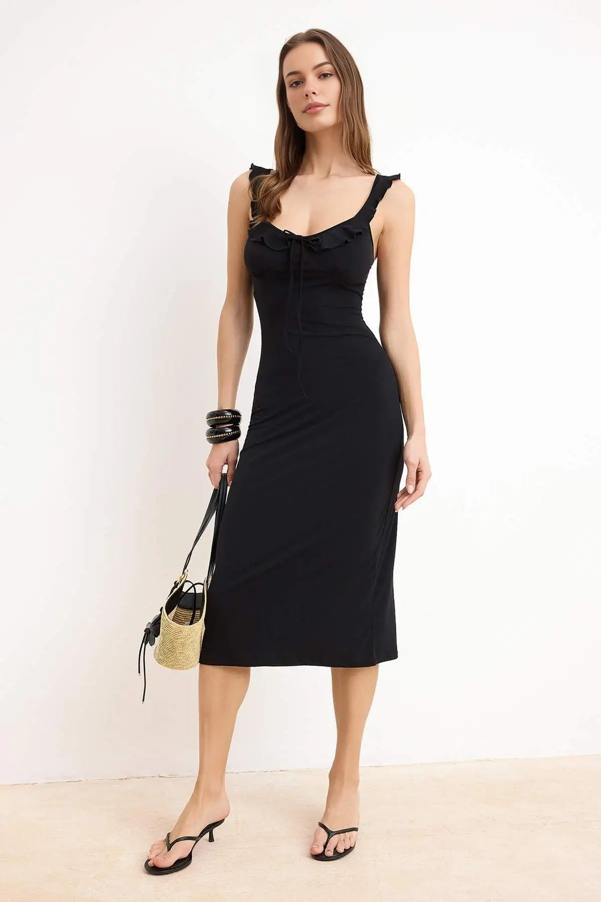 Bodycon V-Neck Thick Strap Sleeveless Maxi Stretch Knit Dress