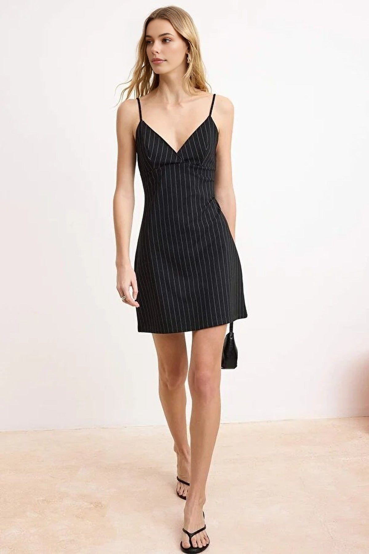 Striped A-Line V-Neck Thin Strap Sleeveless Knit Dress