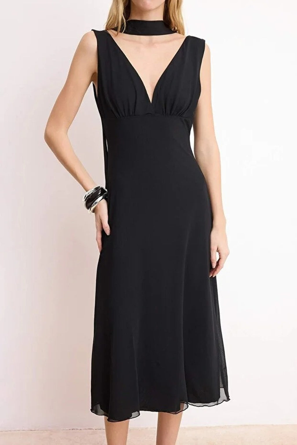 A-Line Sleeveless Ruched Maxi Tulle Knit Dress