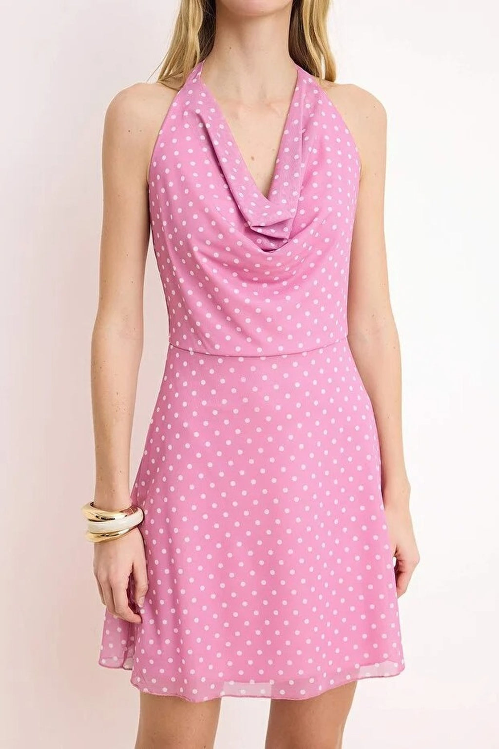 Polka Dot A-Line Mini Tulle Knit Dress with Stitching Detail