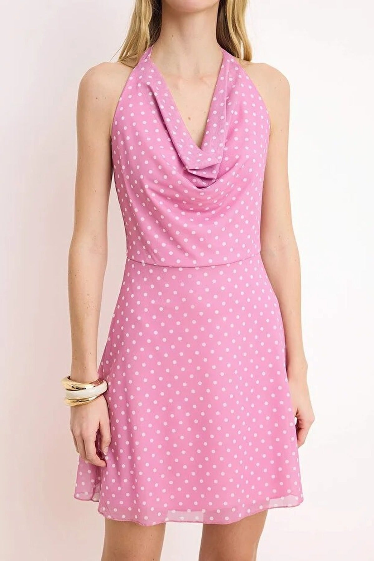 Polka Dot A-Line Mini Tulle Knit Dress with Stitching Detail