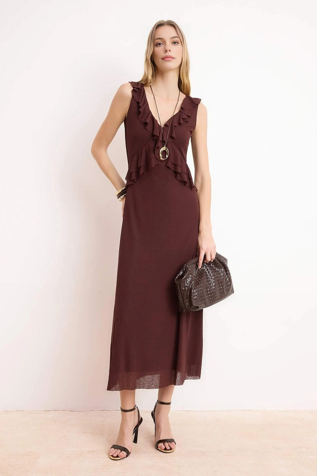 A-Line V-Neck Sleeveless Fruffled Midi Knit Dress